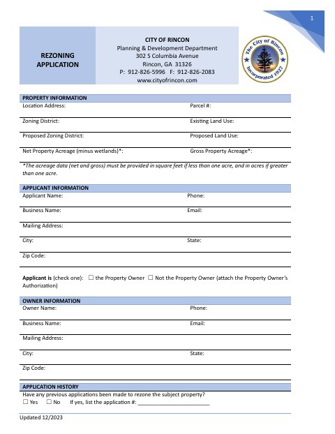 First page of the Rezoning Application