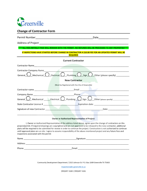 First page of the Change of Contractor Form