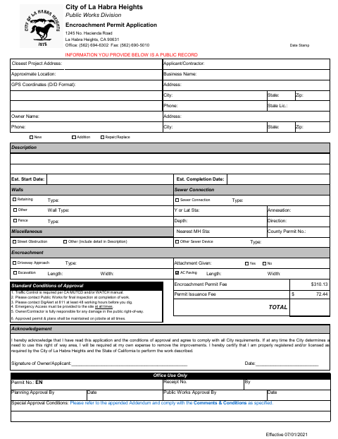 First page of the Encroachment Permit Application
