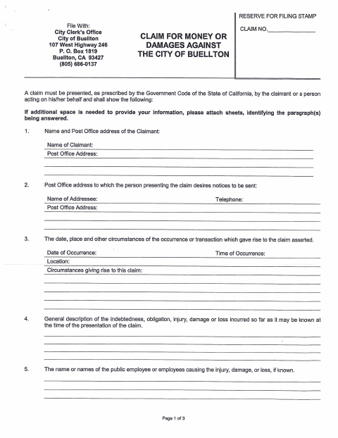 First page of the Claim for Money or Damages Against the City