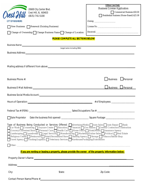 First page of the Business License Application