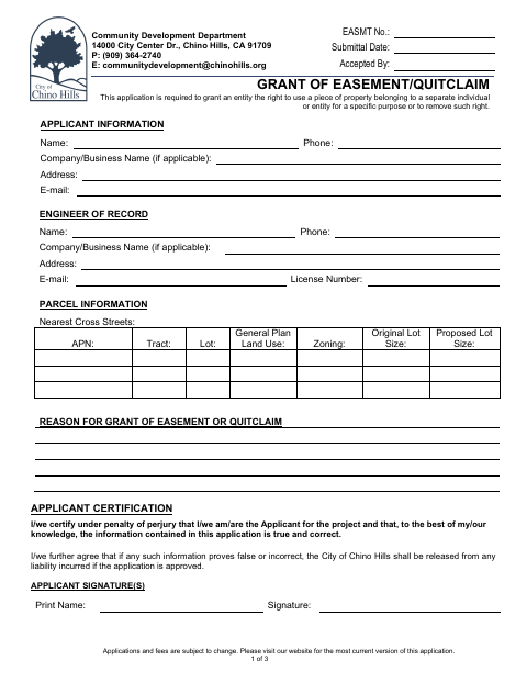 First page of the Easement or Quitclaim Application