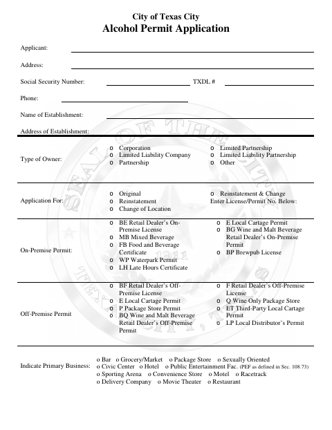 First page of the Alcohol Permit Application