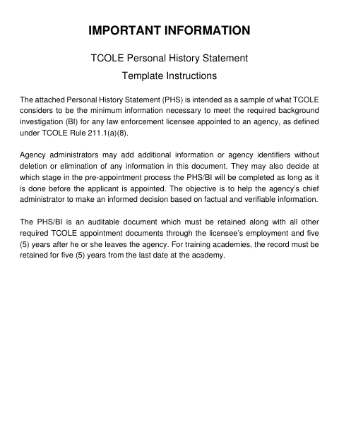 First page of the Personal History Statement