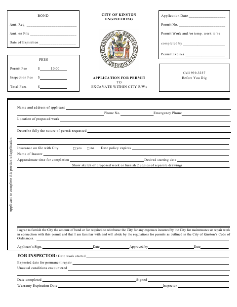 First page of the Engineering Application for Permit to Excavate Within City Right-of-Ways