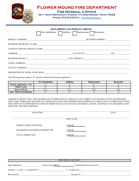 First page of the Hazardous Materials Permit Application