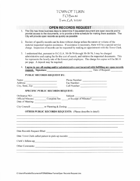 First page of the Open Records Request