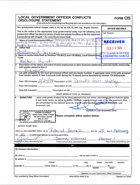 First page of the Local Government Officer Conflicts Disclosure Statement
