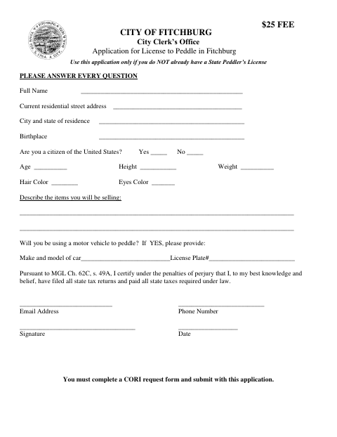 First page of the Application for License to Peddle
