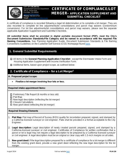 First page of the Certificate of Compliance/Lot Merger Application Supplement and Submittal Checklist