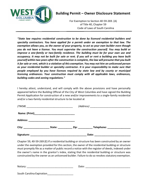 First page of the Building Permit Owner Disclosure Statement