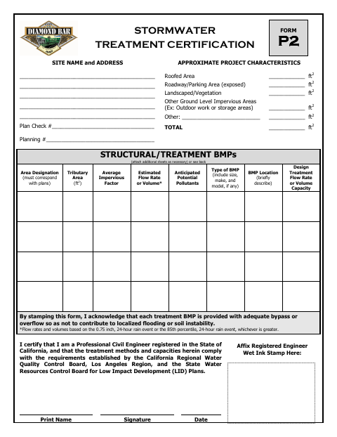 First page of the Stormwater Treatment Certification Form P2