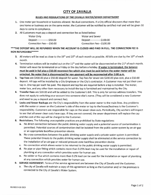 First page of the Water and Sewer Rules and Regulations