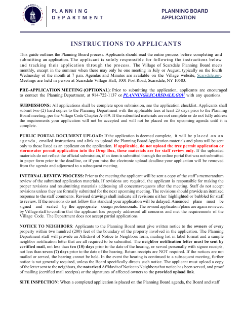 First page of the Planning Board Application