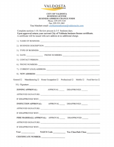 First page of the Business License Address Change Form