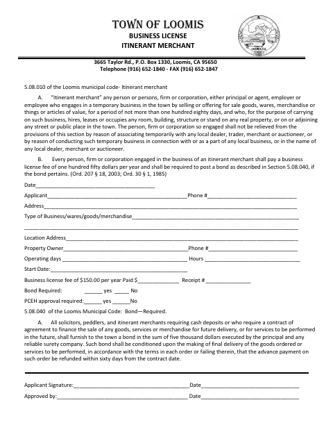 First page of the Business License Itinerant Merchant