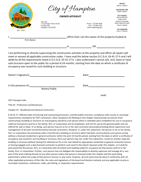 First page of the Owner Affidavit (Owner-Builder Exemption)