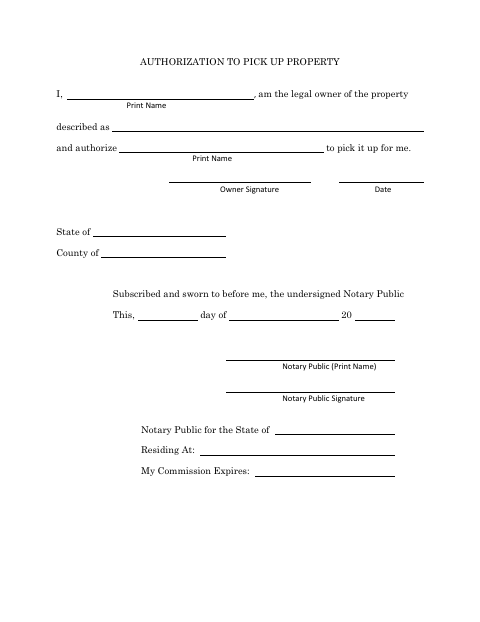 First page of the Authorization to Pick Up Property