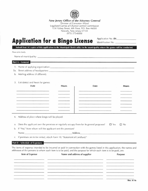 First page of the Bingo License Application