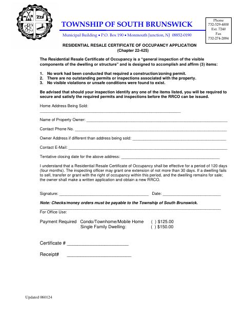 First page of the Residential Resale Certificate of Occupancy Application