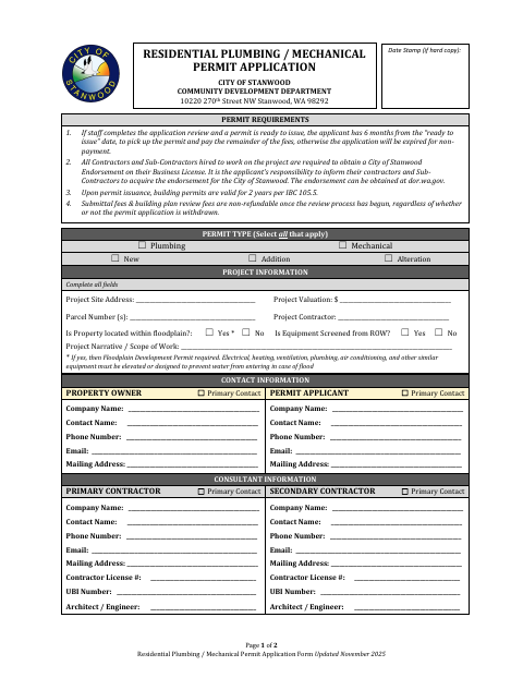 First page of the Residential Plumbing / Mechanical Permit Application