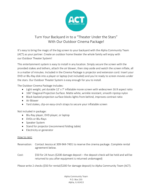 First page of the Outdoor Cinema Package Rental Agreement