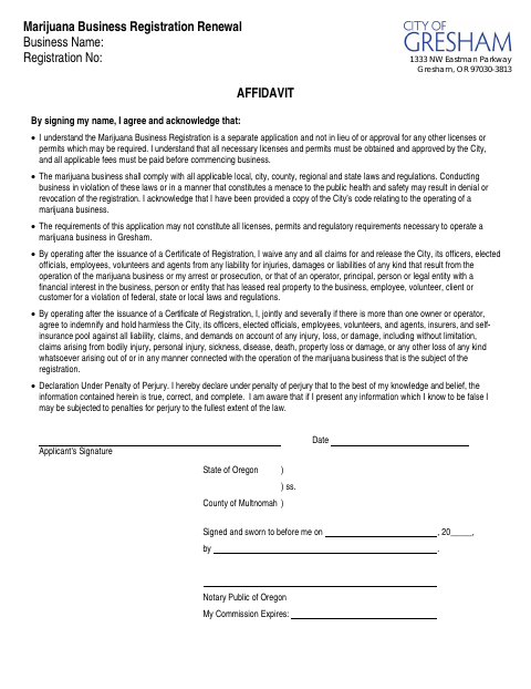 First page of the Marijuana Business Registration Renewal Affidavit