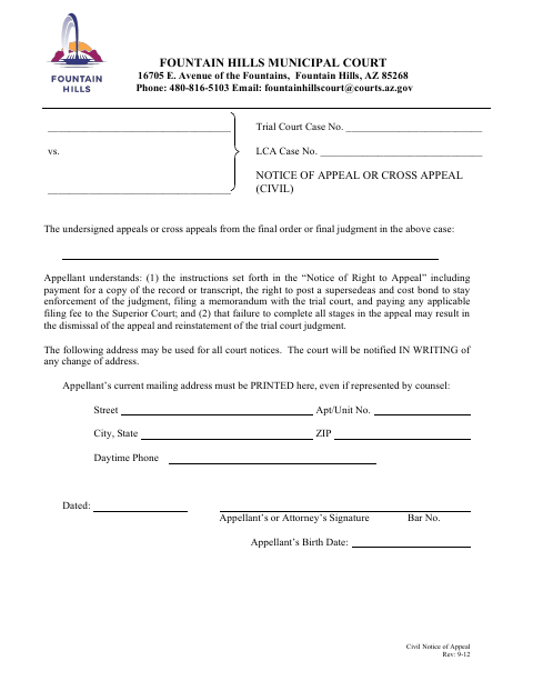 First page of the Notice of Appeal or Cross Appeal (Civil)