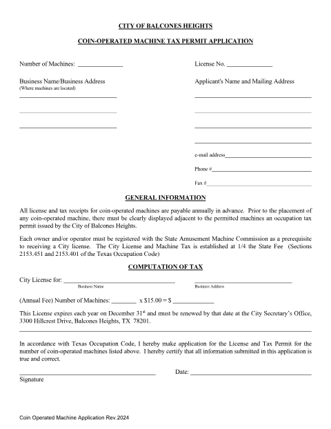 First page of the Coin-Operated Machine Tax Permit Application