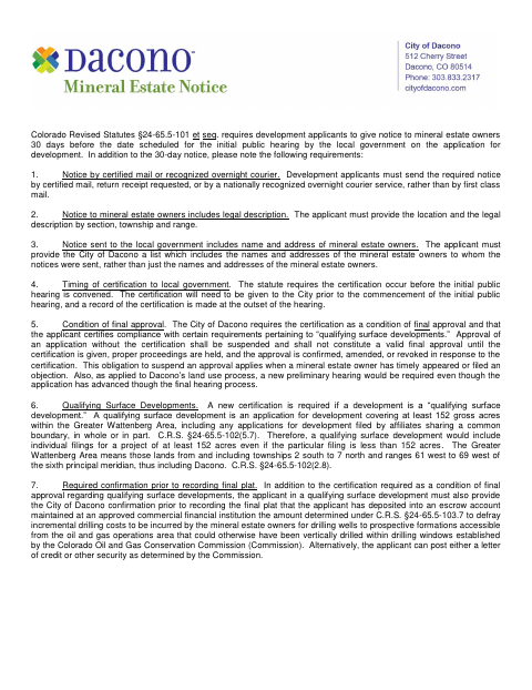 First page of the Certification of Notice to Mineral Estate Owners
