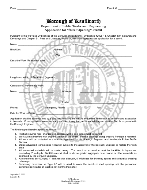 First page of the Street Opening Permit Application