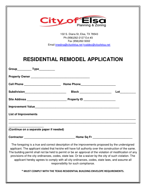 First page of the Residential Remodel Application