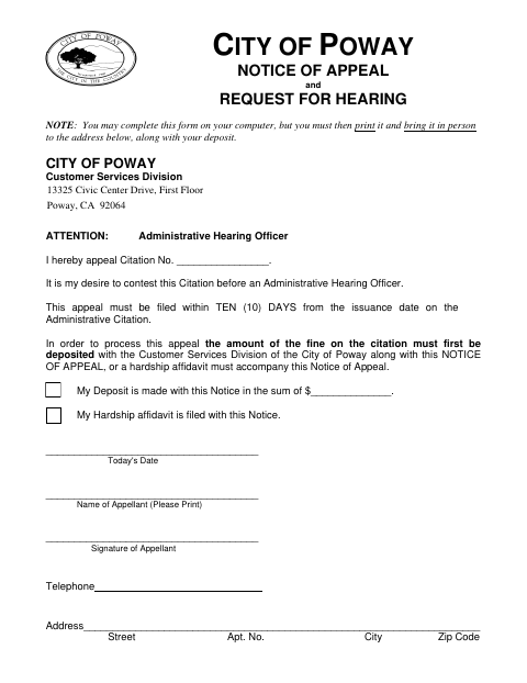 First page of the Notice of Appeal and Request for Hearing
