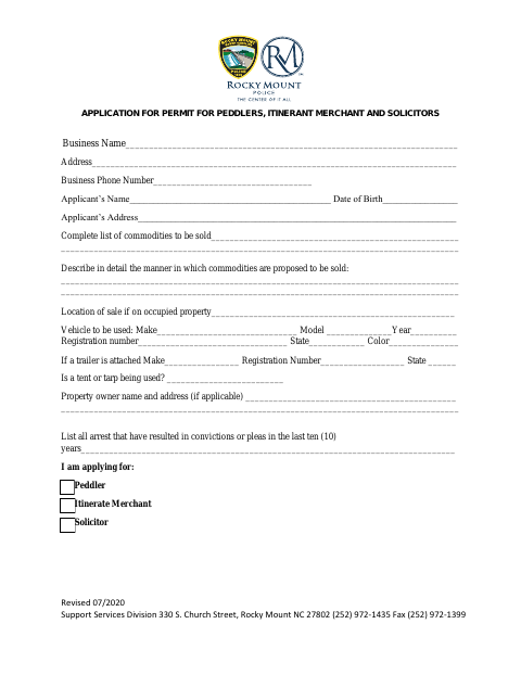 First page of the Peddler Permit Application