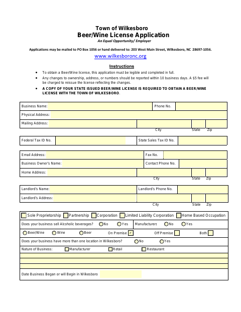 First page of the Beer/Wine License Application