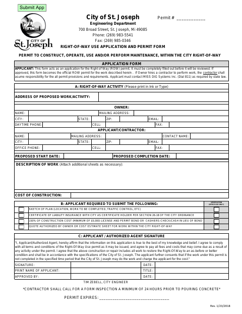 First page of the Right-of-Way Application