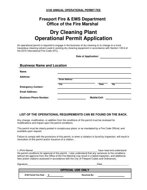 First page of the Dry Cleaning Plant Operational Permit Application