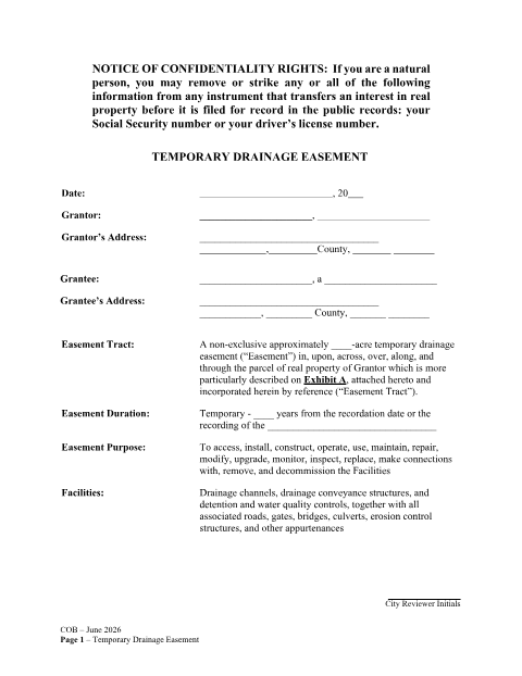 First page of the Temporary Drainage Easement
