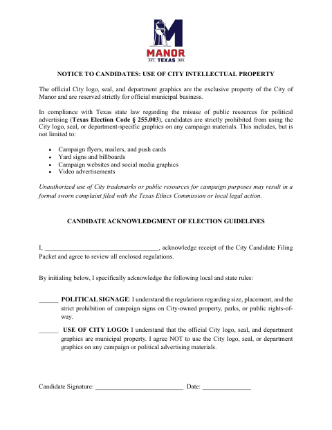 First page of the Candidate Election Guidelines Acknowledgment