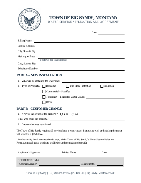 First page of the Water Service Application and Agreement