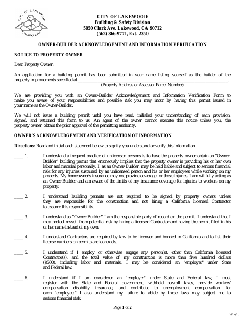 First page of the Owner-Builder Acknowledgement and Information Verification Form