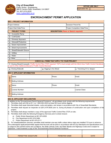 First page of the Encroachment Permit Application
