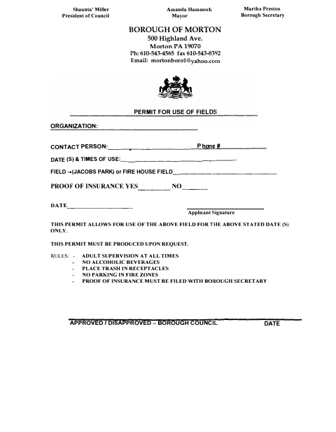 First page of the Permit for Use of Fields