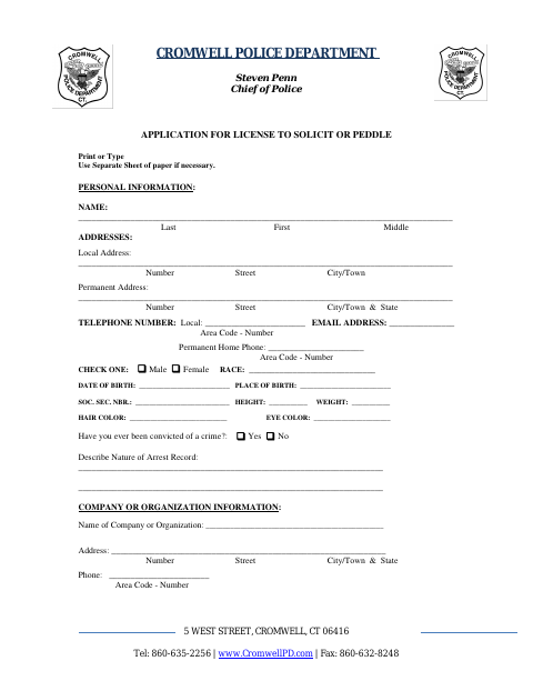 First page of the Peddlers Permit Application
