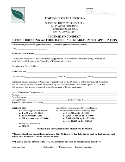 First page of the License to Conduct Eating, Drinking and Food Handling Establishment Application