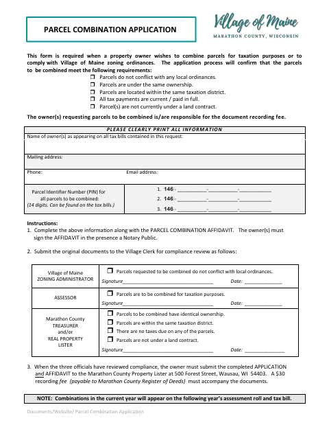 First page of the Parcel Combination Application and Affidavit