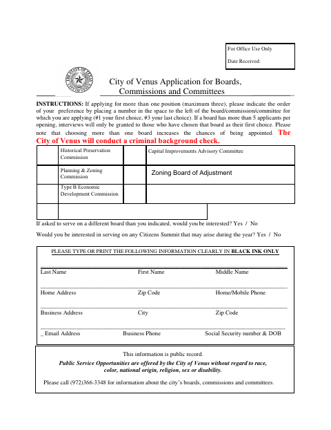 First page of the Application for Boards, Commissions and Committees