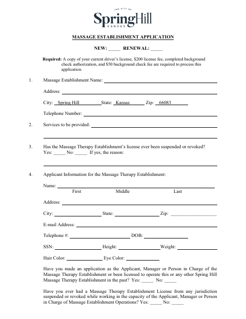 First page of the Massage Establishment Application