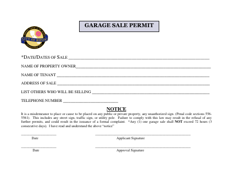 First page of the Garage Sale Permit