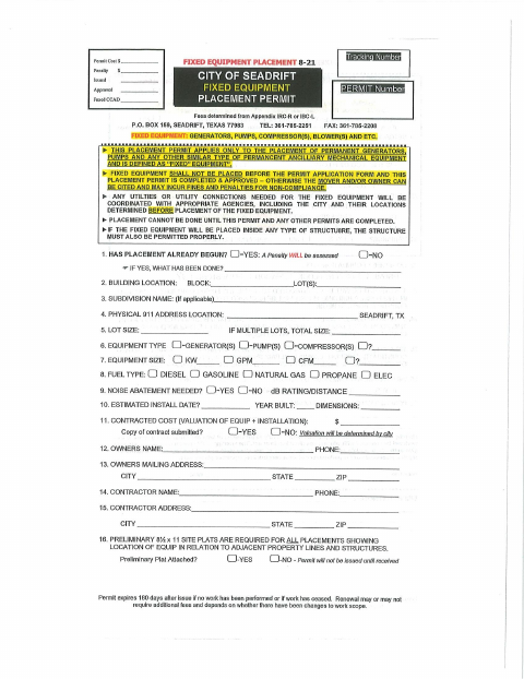 First page of the Fixed Equipment Placement Application